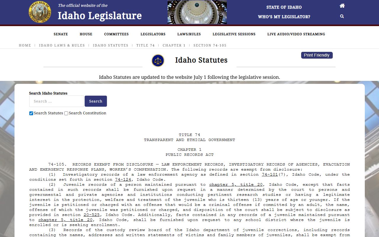 Nez Perce County Clerk public record exemptions under Idaho Code 74-105