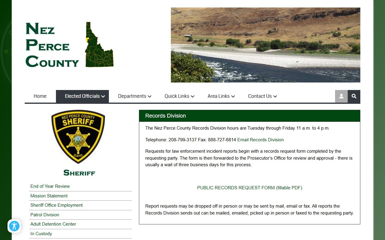 Nez Perce County arrest records and Sheriff Records Division request process