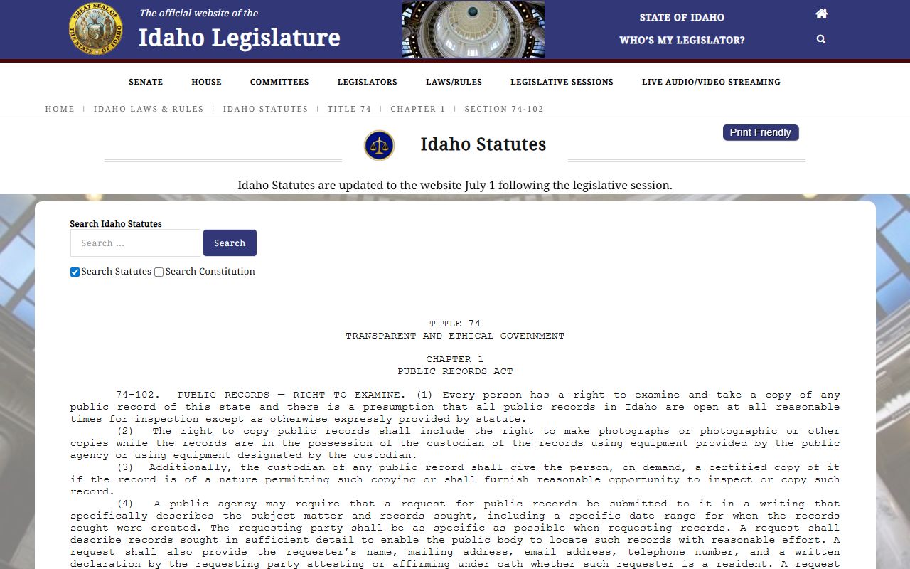 Nez Perce County court records Idaho Code 74-102 public records