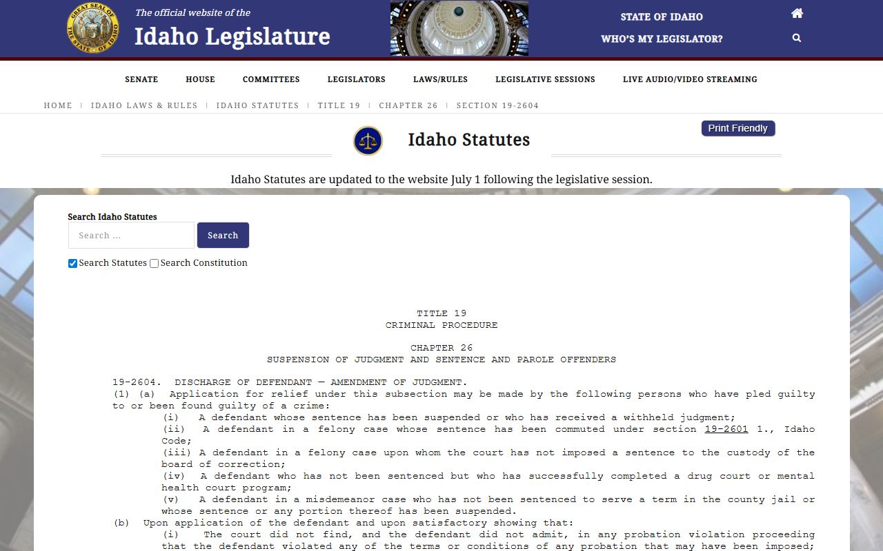 Nez Perce County criminal court records and Idaho Code 19-2604 relief