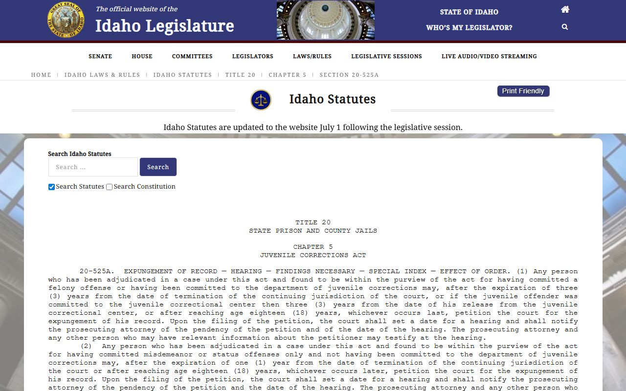 Nez Perce County criminal court records and juvenile expungement under Idaho Code 20-525A