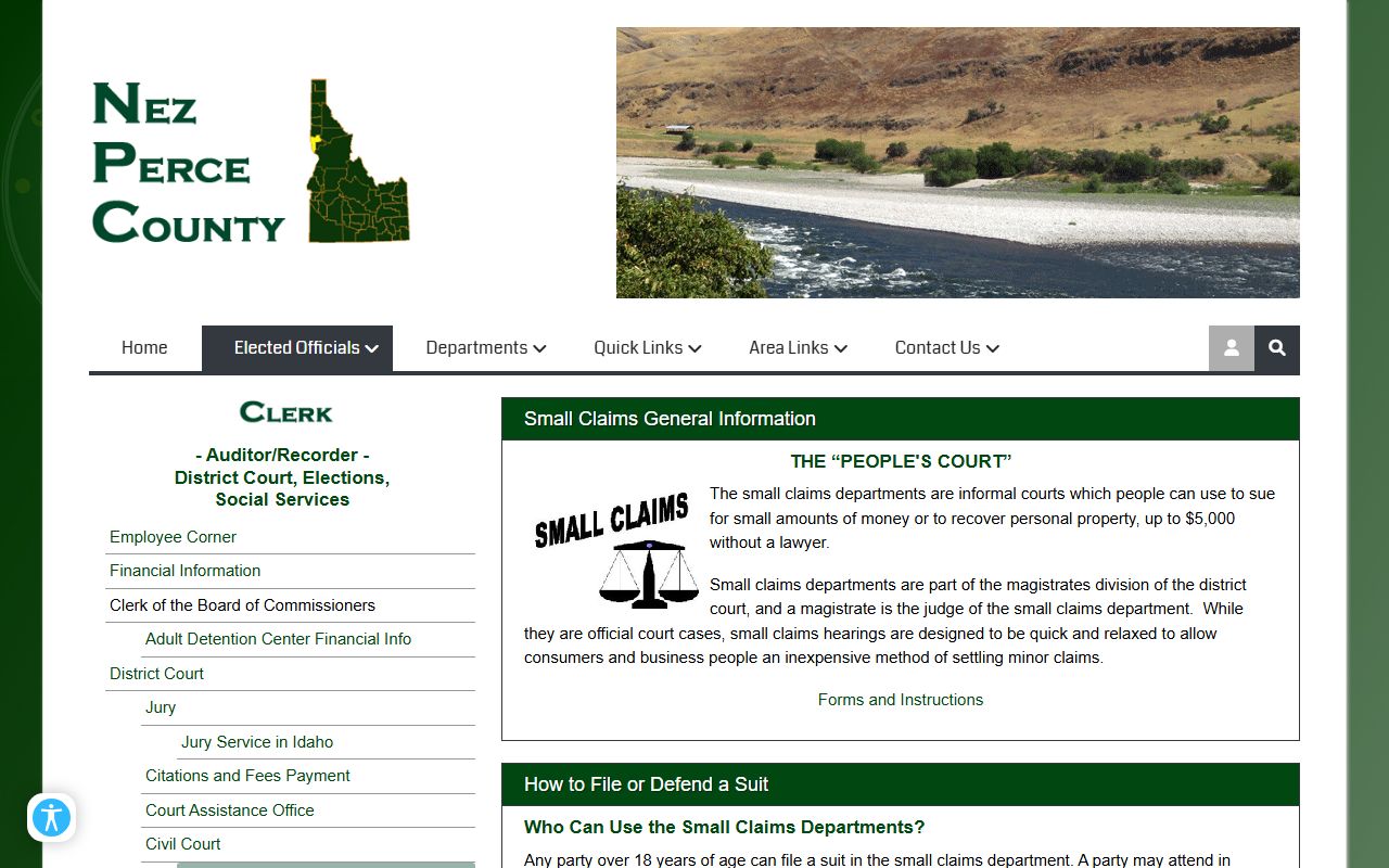 Nez Perce County District Court small claims records page