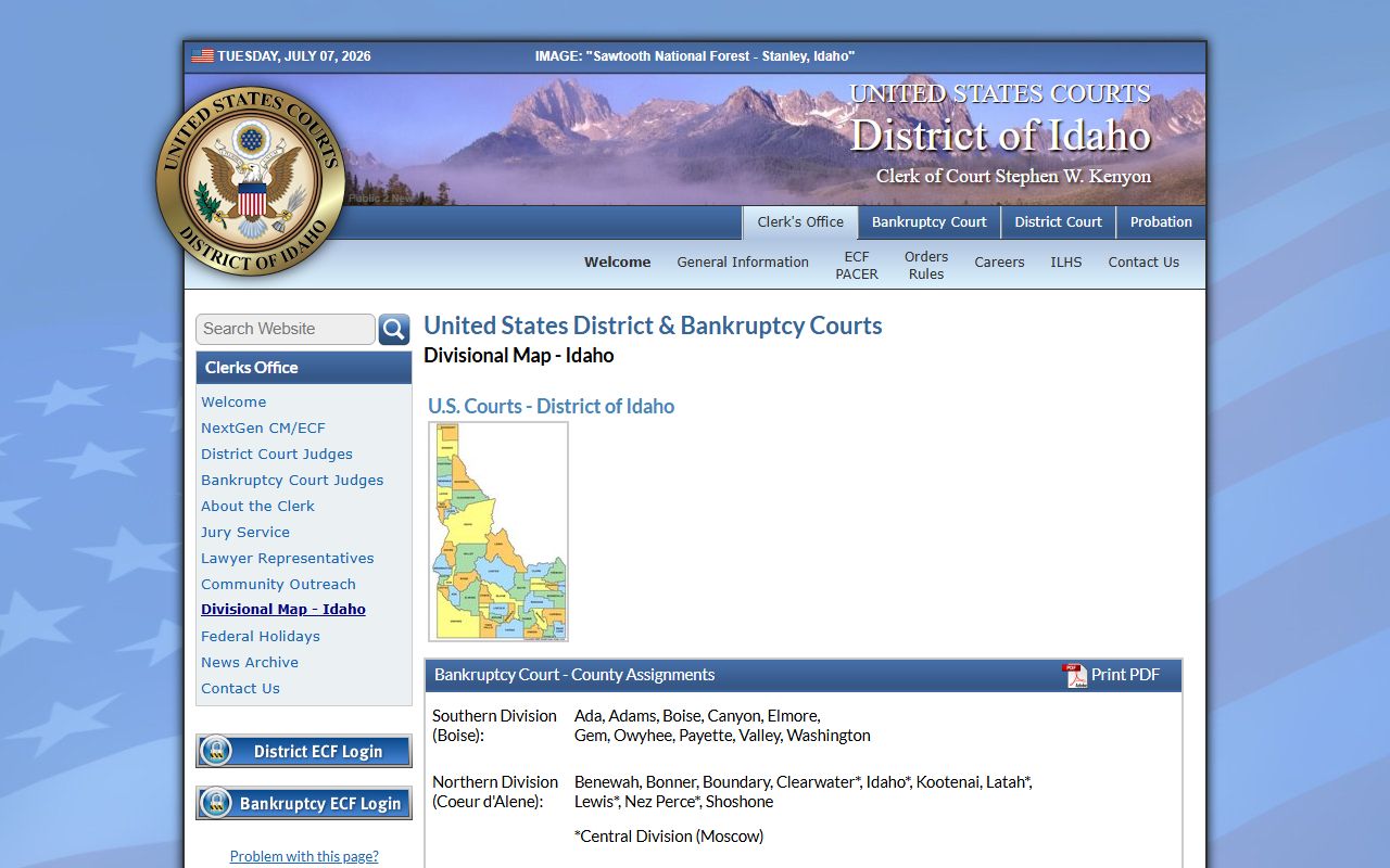 Nez Perce County District Court federal division map context