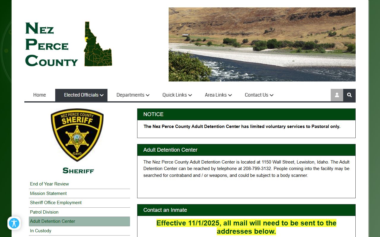 Nez Perce County inmate records jail page with detention contact and mail rules