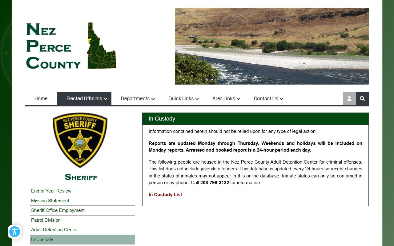 Nez Perce County inmate records in custody page with roster update warning