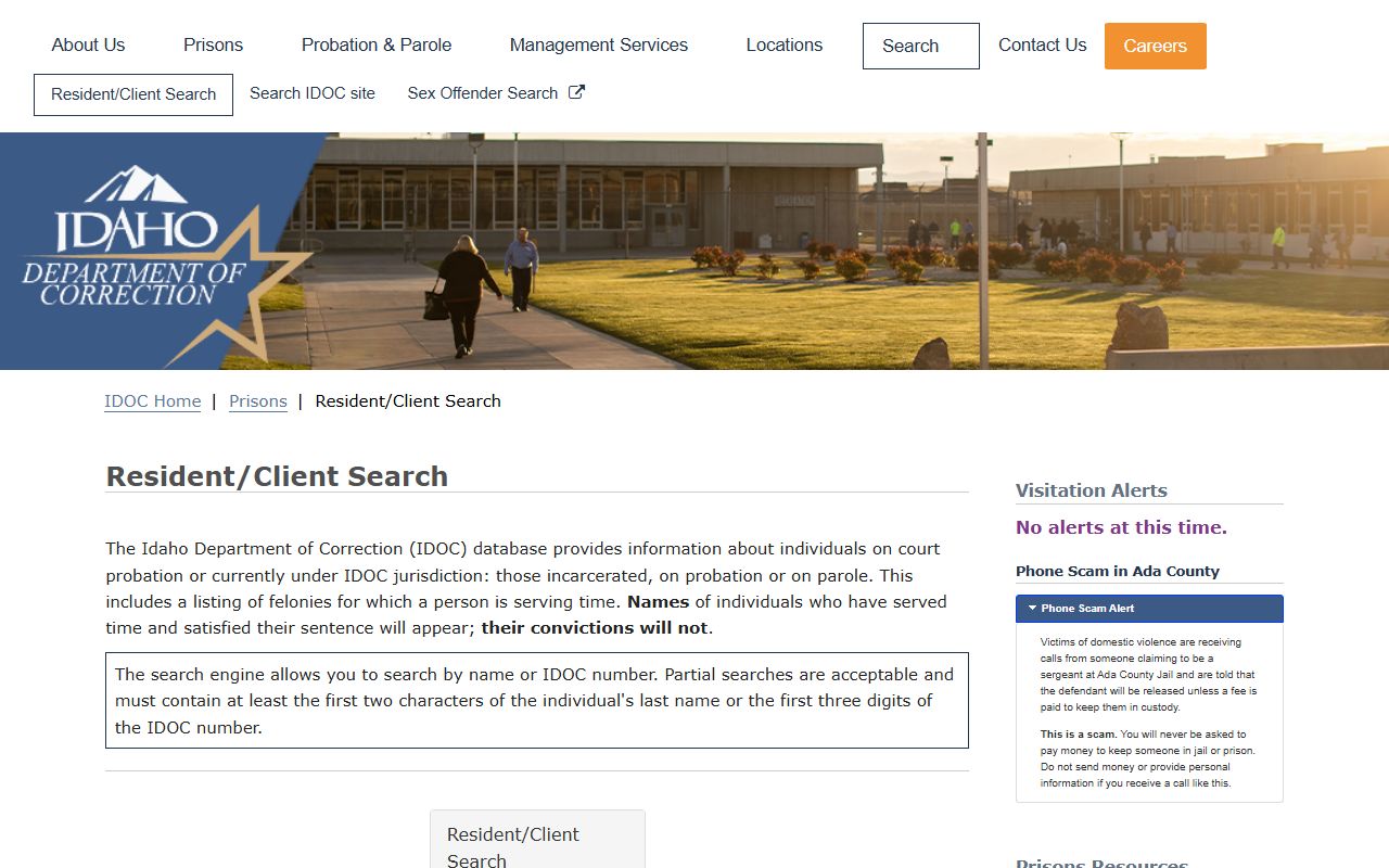 Nez Perce County inmate records IDOC resident client search page