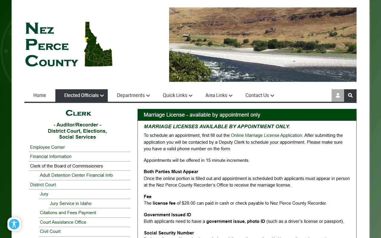 Nez Perce County marriage records marriage license page with appointment and fee rules