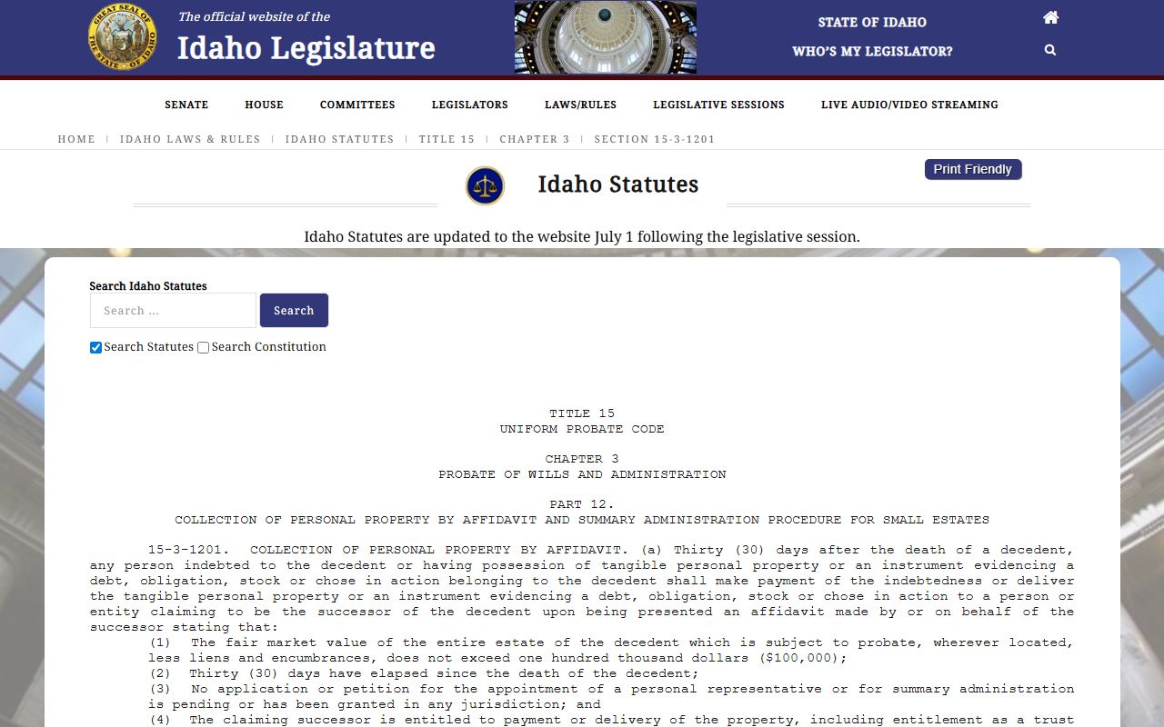 Nez Perce County probate records Idaho small estate affidavit statute