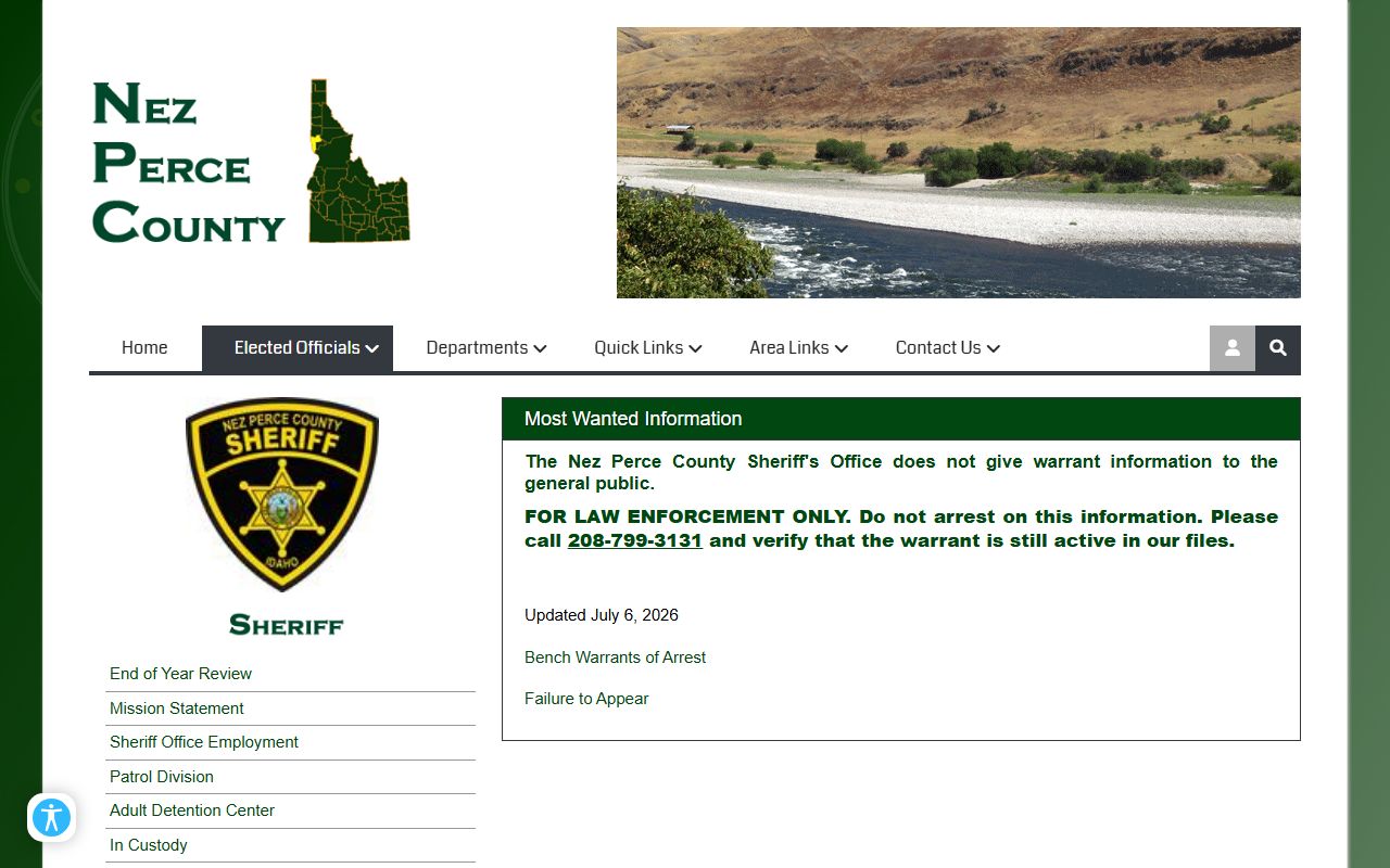 Nez Perce County warrant search and Sheriff public warning page